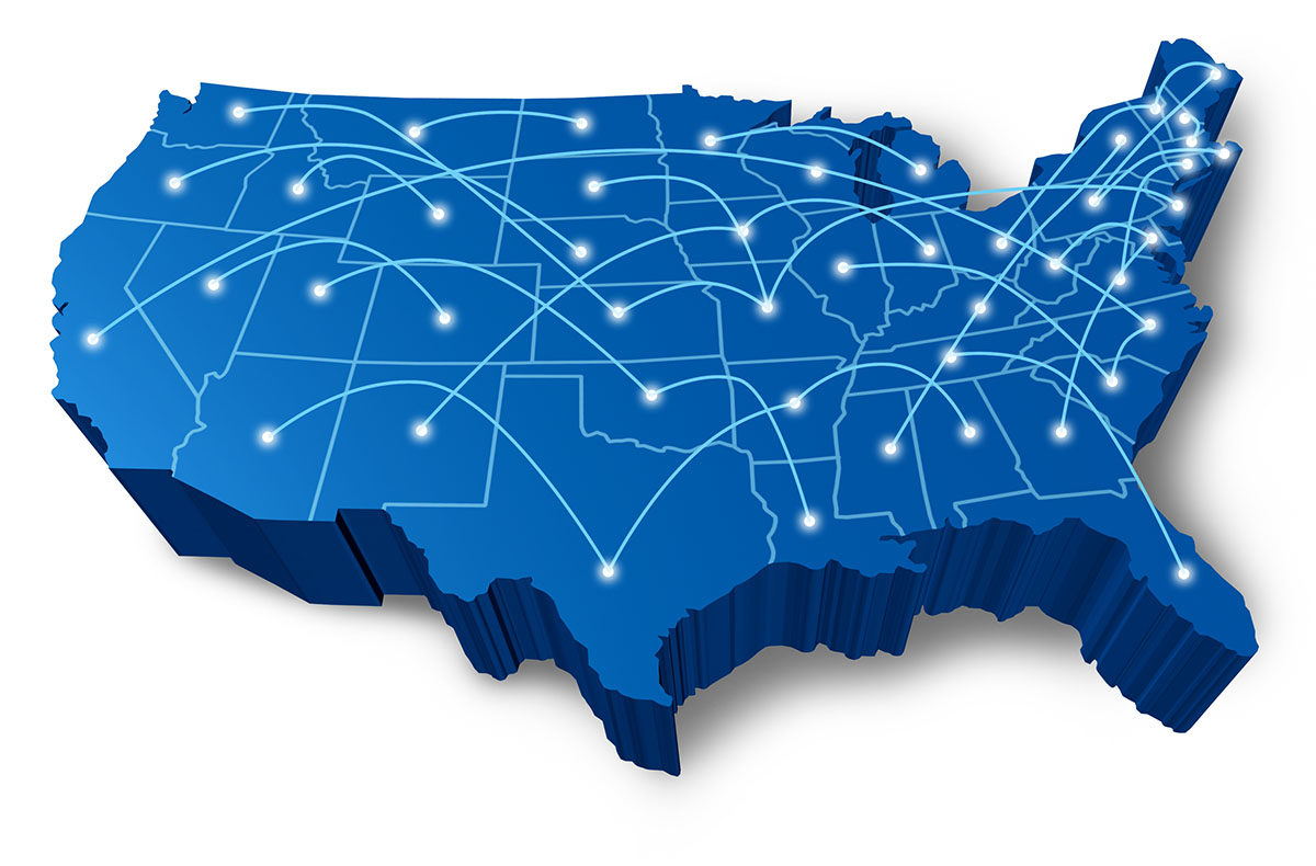 3D map of the United States showing network connections